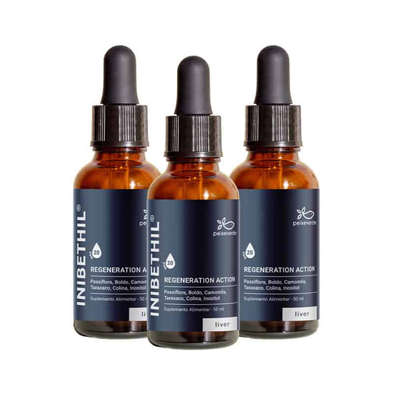 Pack 3 de Inibethil de 50ml da marca Peixe Verde. Inibethil é um produto desenvolvido a partir de uma seleção de extratos naturais que ajudam a promover a desintoxicação orgânica e psicológica, contribuindo assim para a saúde do seu fígado e o alívio dos sintomas causados pelos excessos alimentares.