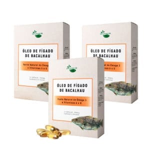 Óleo de Fígado de Bacalhau da Peixe Verde, com 3 caixas de 30 cápsulas cada, destacando sua fórmula rica em Ómega 3 e vitaminas A e D para suporte à saúde cardiovascular, imunidade e visão.