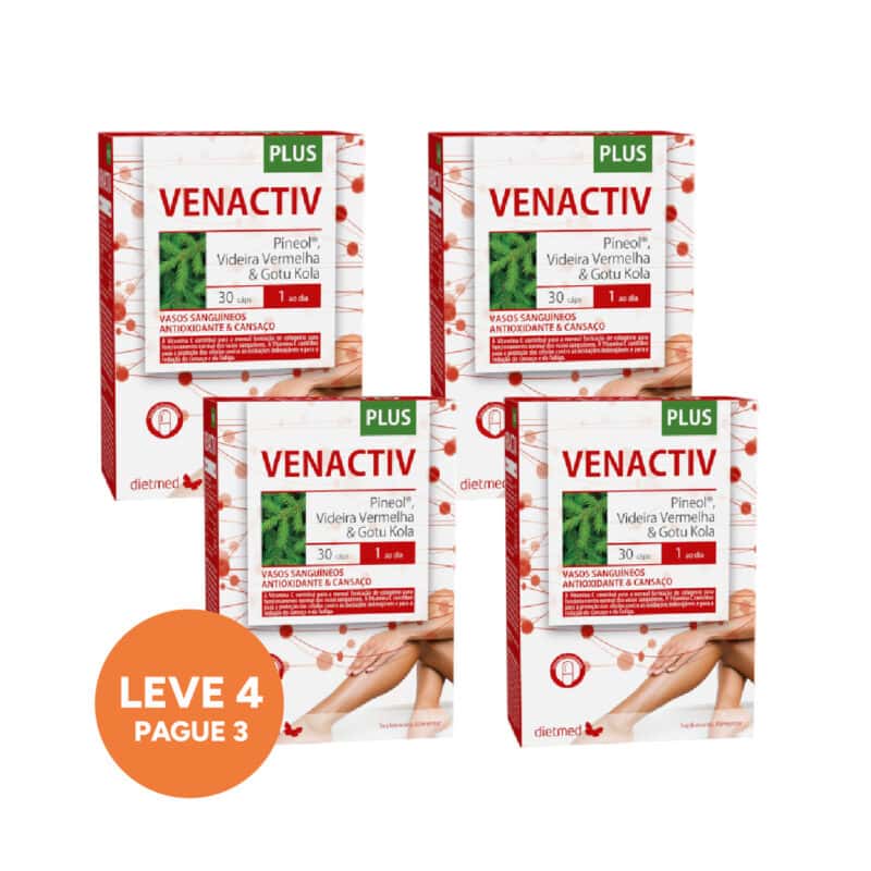 Venactiv Plus Cápsulas Dietmed Leve 4 Pague 3 para apoio à circulação e cuidado das pernas cansadas.