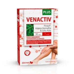 Venactiv Plus 30 Cápsulas Dietmed é um suplemento alimentar com centelha asiática, ruscus, videira vermelha e vitamina C. Venactiv Plus 30 Cápsulas Dietmed contribui para a formação de colagénio, melhora a elasticidade dos vasos sanguíneos e alivia a sensação de pernas cansadas.