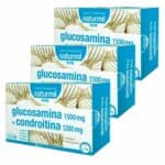 Pack de três caixas do suplemento Glucosamina 1500mg + Condroitina 1200mg Forte da marca Naturmil. As caixas têm uma predominância de cor azul-claro e branca, com o logotipo "Naturmil Forte" em destaque na parte superior. O nome do produto, glucosamina + condroitina 1200mg, aparece em letras azuis grandes no centro das embalagens, facilitando a leitura. Há uma indicação no canto inferior direito que mostra que cada embalagem contém 20 ampolas, e a recomendação 1 ao dia é visível na lateral. Este suplemento é formulado para promover a saúde das articulações, melhorando a mobilidade e a flexibilidade.