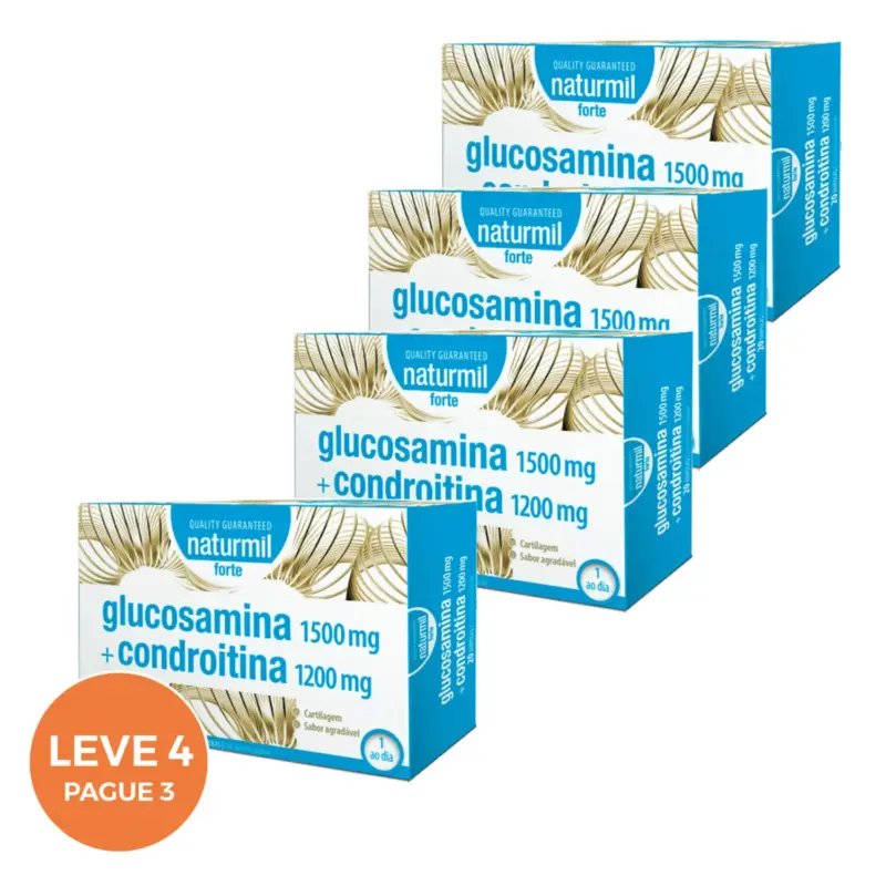 Pack promocional de Glucosamina 1500 mg + Condroitina 1200 mg da Naturmil, leve 4 e pague 3, indicado para a saúde das articulações.