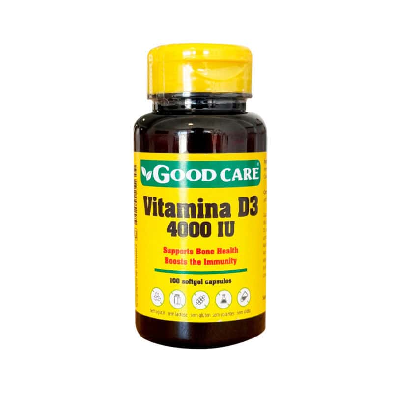 Frasco de suplemento alimentar Good Care Vitamina D3 4000 IU com 100 cápsulas, indicado para suporte ao sistema imunológico e saúde óssea.