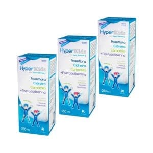 Hyper Kids Xarope Pack 3 x 250 ml BioHera, suplemento infantil com Passiflora, Cidreira, Camomila e Fosfatidilserina para suporte cognitivo e emocional.