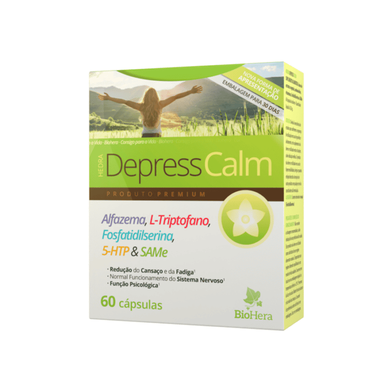 Suplemento Depress Calm da BioHera em frasco com 60 cápsulas, formulado para promover o equilíbrio emocional e reduzir o stress.