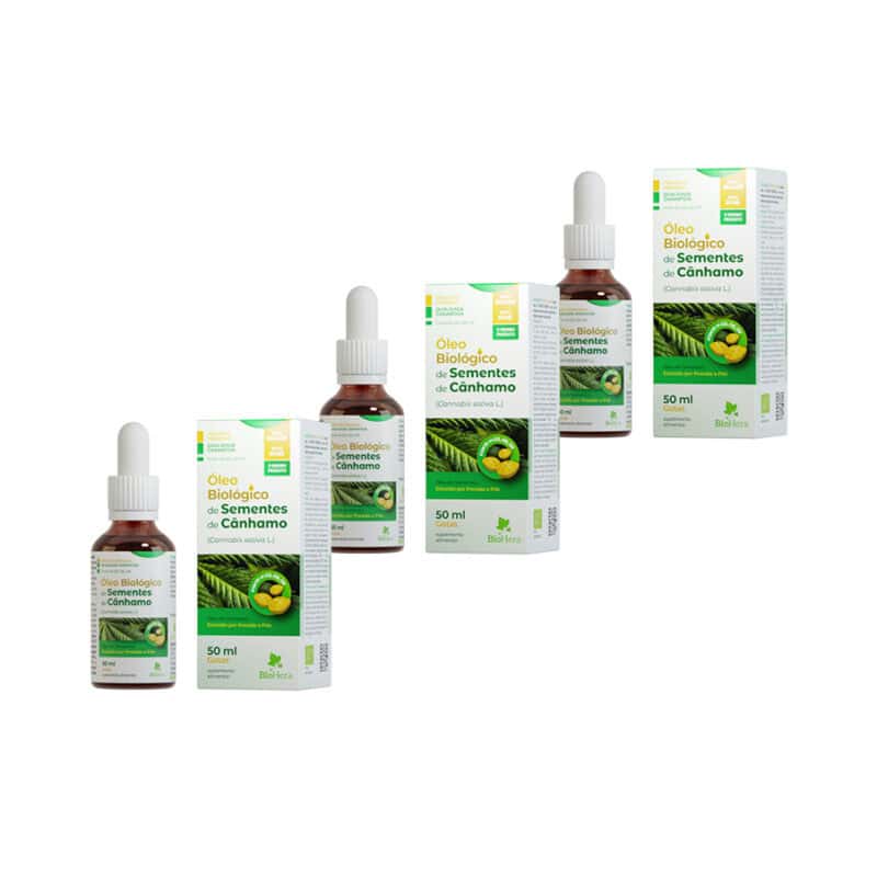 Óleo Biológico de Sementes de Cânhamo 3 x 50ml BioHera, pack com três frascos de óleo de sementes de Cannabis sativa de origem biológica, prensado a frio e naturalmente rico em ómega 3, 6 e 9.