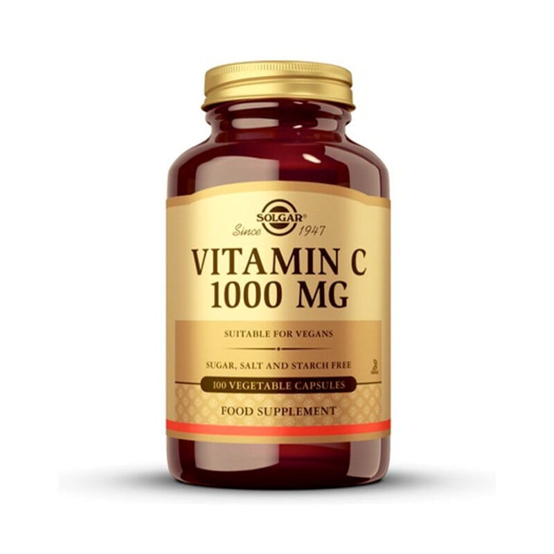 Vitamina C 1000mg Solgar - Suplemento de alta qualidade que fortalece o sistema imunitário, combate o cansaço e promove a saúde da pele, ossos e articulações. Adequado para vegans.