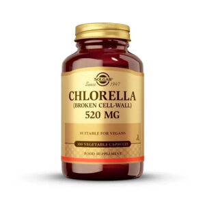 Frasco da Clorela 520mg com 100 cápsulas da Solgar, suplemento natural para detox e suporte nutricional.