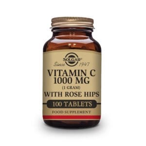 Frasco do suplemento Vitamina C 1000mg com Roseira Brava da marca Solgar, contendo 100 comprimidos. Fórmula antioxidante para suporte imunológico e saúde celular.