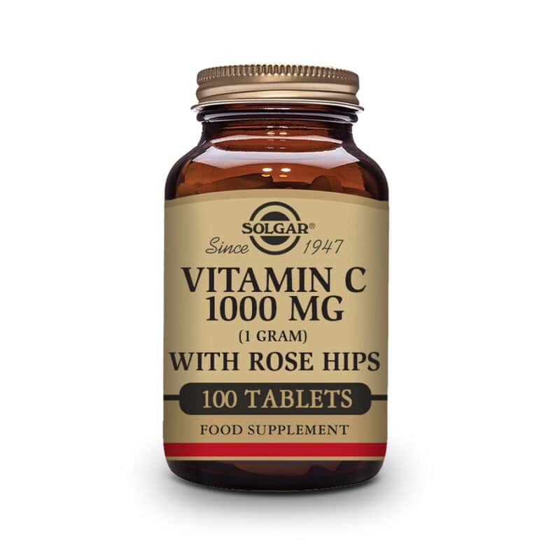 Frasco do suplemento Vitamina C 1000mg com Roseira Brava da marca Solgar, contendo 100 comprimidos. Fórmula antioxidante para suporte imunológico e saúde celular.