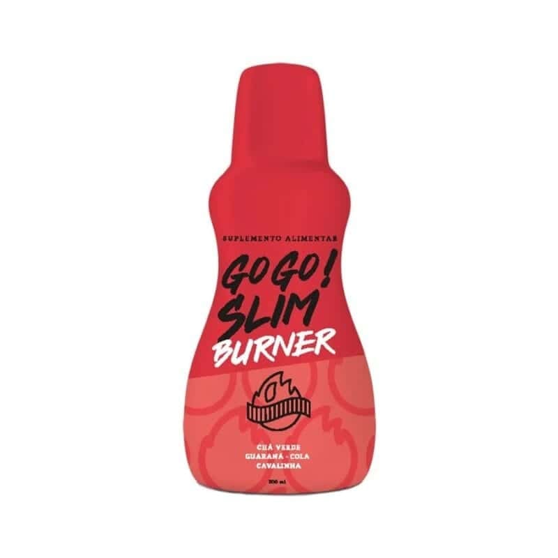 Frasco de Go Go Slim Burner 500 ml Farmodiética – Suplemento alimentar com chá verde, guaraná, cola e cavalinha para auxiliar na queima de gordura e emagrecimento. Frasco vermelho de Go Go Slim Burner da Farmodiética, um suplemento alimentar de 500 ml. O rótulo destaca os ingredientes principais: Chá Verde, Guaraná, Cola e Cavalinha, conhecidos por auxiliar na queima de gordura e emagrecimento. O design do frasco inclui a imagem de uma chama, representando o efeito termogénico do produto. O nome do produto está destacado em letras grandes e brancas, com um visual moderno e chamativo