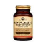 Frasco do Saw Palmetto Berry Extract 60 cápsulas da Solgar, suplemento natural para saúde da próstata e função urinária.