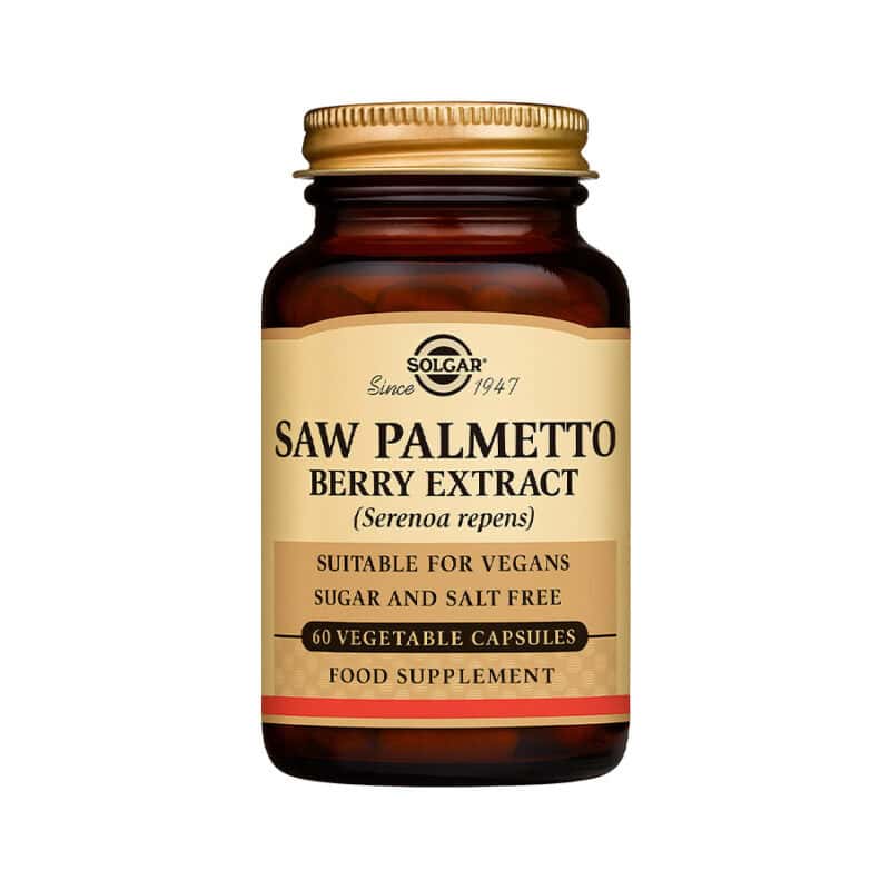 Frasco do Saw Palmetto Berry Extract 60 cápsulas da Solgar, suplemento natural para saúde da próstata e função urinária.