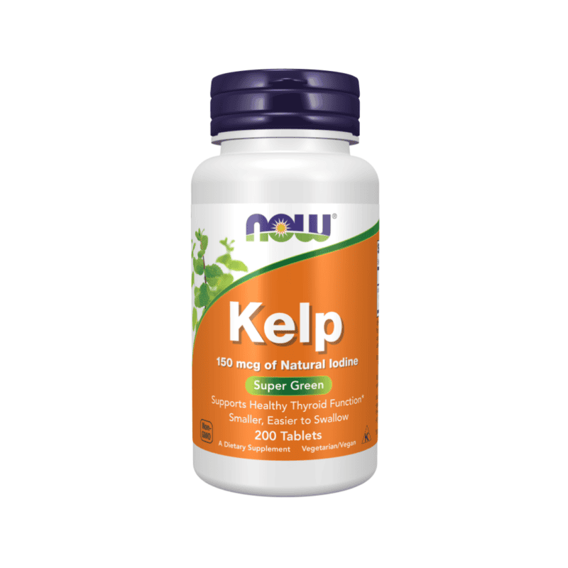 Kelp Now em frasco com 200 comprimidos de algas ricas em iodo para suporte da tiroide.