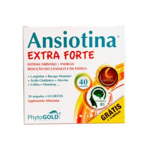Embalagem da Ansiotina Extra Forte com 40 ampolas da PhytoGold, suplemento natural para ansiedade, sono e equilíbrio emocional.