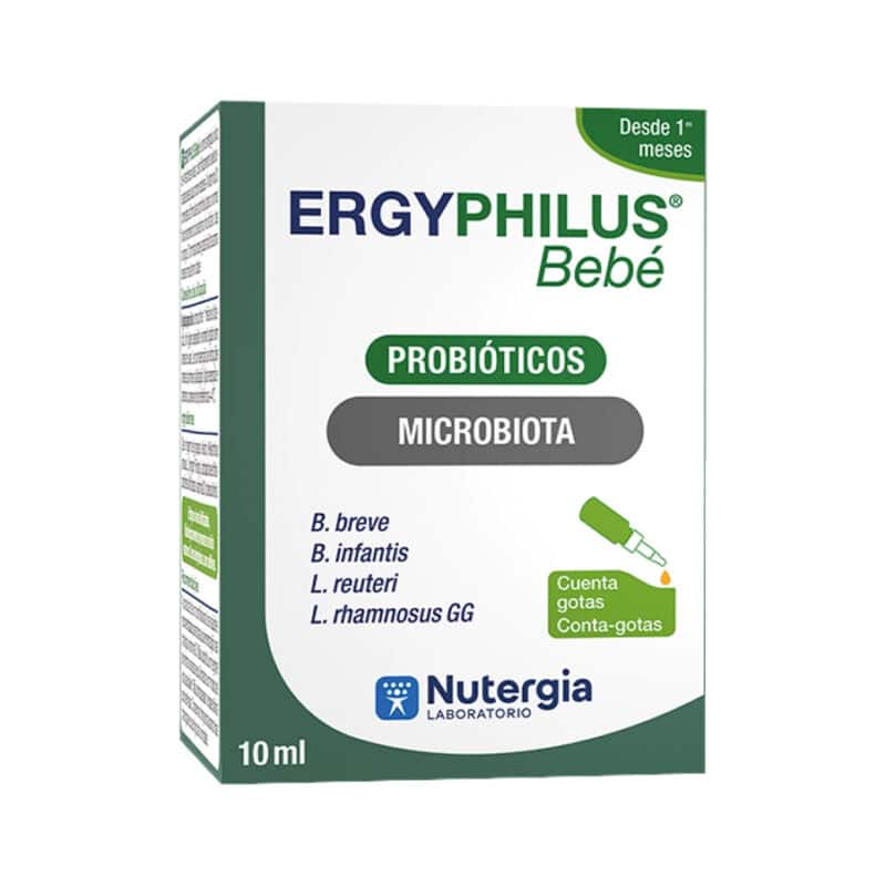 ErgyPhilus Bebé 10ml Nutergia, suplemento alimentar líquido com conta-gotas para apoio da microbiota dos bebés.