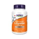 Frasco de L-Lysine 1000mg 100 Comprimidos Now – Suplemento para imunidade e saúde da pele. A cor da tampa é azul, e o frasco é branco e laranja.