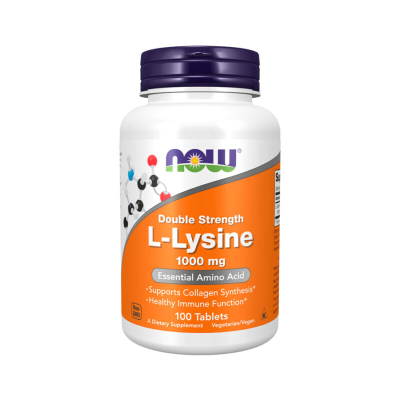 Frasco de L-Lysine 1000mg 100 Comprimidos Now – Suplemento para imunidade e saúde da pele. A cor da tampa é azul, e o frasco é branco e laranja.