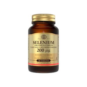 Selénio 200mcg 50 Comprimidos Solgar, suplemento vegan com selénio para apoiar cabelo, unhas, sistema imunitário e tiroide.