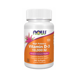 Frasco de suplemento alimentar Vitamina D3 10000 IU em cápsulas, suporte para imunidade, ossos e músculos.