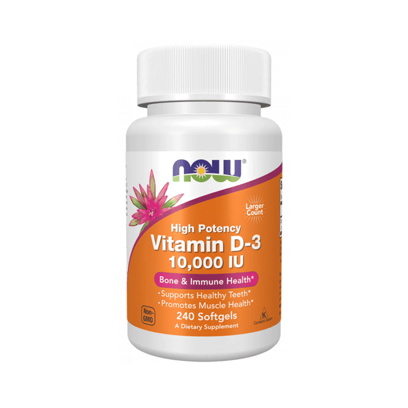 Frasco de suplemento alimentar Vitamina D3 10000 IU em cápsulas, suporte para imunidade, ossos e músculos.