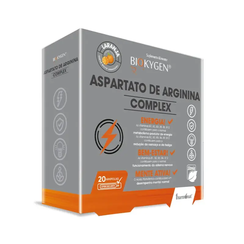 Embalagem do suplemento alimentar Aspartato de Arginina Complex, da marca Biokygen. A caixa é predominantemente cinza, com detalhes em laranja. No topo, há o logotipo da Biokygen e um círculo com o texto “Laranja - Sabor Natural Agradável”, indicando o sabor do produto. A frente da embalagem exibe o nome do suplemento em destaque, "Aspartato de Arginina Complex", seguido de ícones visuais que representam os benefícios principais: energia, bem-estar e mente ativa. Há um raio laranja estilizado ao centro, simbolizando energia, e textos que informam sobre as vitaminas do complexo B (B1, B2, B3, B5, B6 e B12), que contribuem para o metabolismo energético e para a redução do cansaço. Abaixo, há menções ao funcionamento do sistema nervoso e ao suporte para desempenho mental normal. No canto inferior direito, há um selo indicando a presença de Stevia, um adoçante natural, e no rodapé, o texto informa que a embalagem contém 20 ampolas.