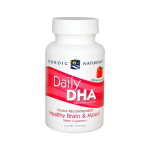 Frasco do Daily DHA 500mg com 30 cápsulas da Nordic Naturals, suplemento de ómega-3 com alta concentração de DHA para suporte cerebral.