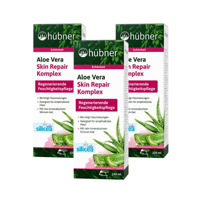Pack de 3 Aloe Vera Body Repair Gel 150ml Hübner, gel corporal com aloe vera para hidratar, refrescar e suavizar a pele sensibilizada.