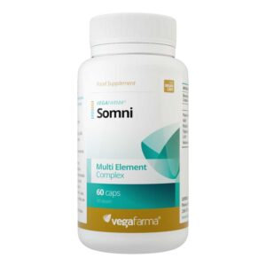 Somni Vegafarma em frasco com 60 cápsulas formulado para apoiar o relaxamento e o sono tranquilo.