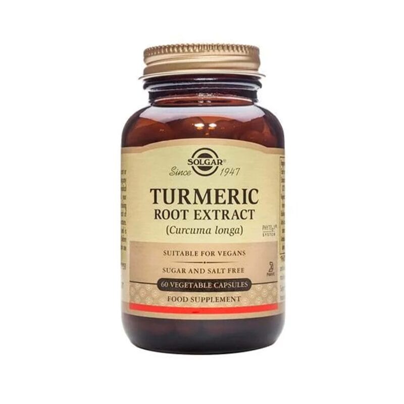 Frasco de Turmeric Root Extract (Curcuma Longa) 60 cápsulas Solgar – Suplemento à base de cápsulas de cúrcuma, ideal para suporte anti-inflamatório e antioxidante.