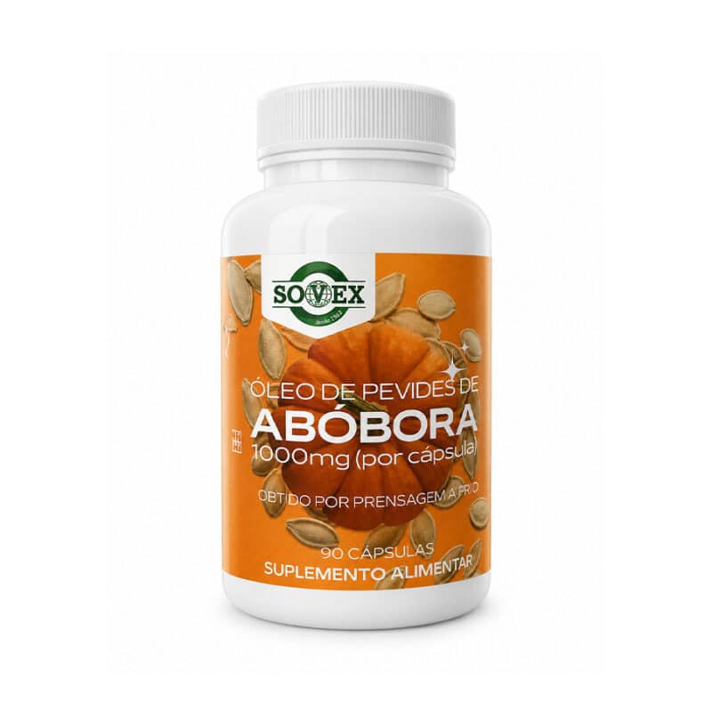 Óleo de Pevides de Abóbora 1000 mg Sovex em embalagem de 90 cápsulas.