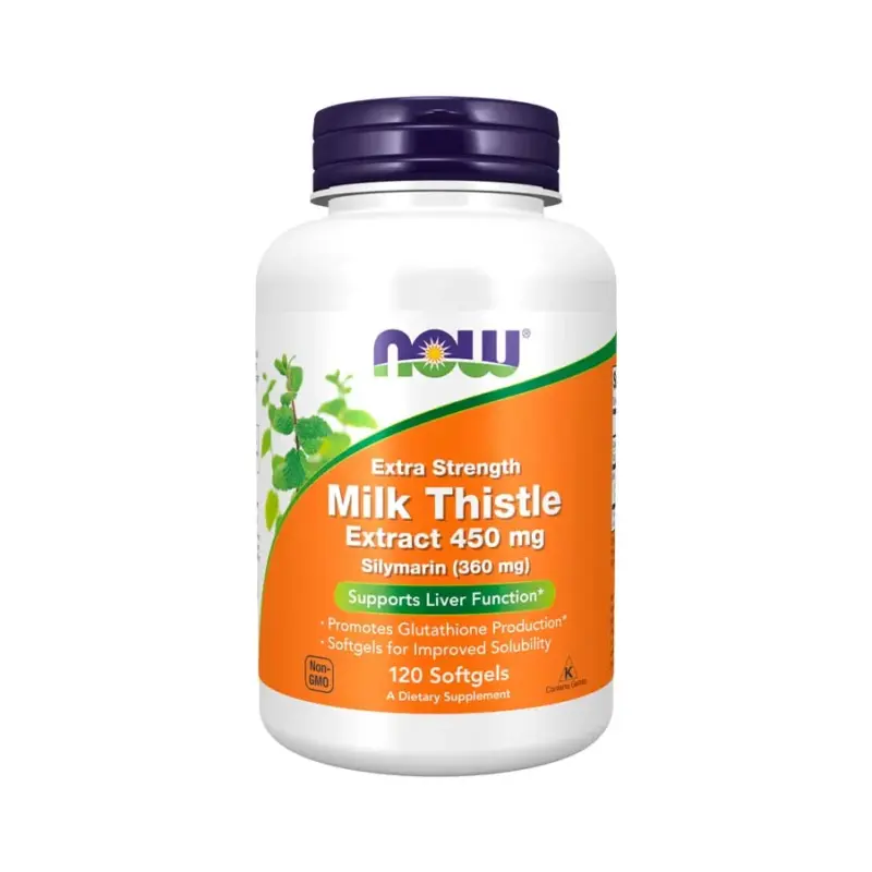 Frasco de suplemento Cardo Mariano Extrato 450mg da marca Now Foods com 120 cápsulas. Etiqueta em laranja e branco com destaque para "Milk Thistle Extract" e Supports Liver Function.