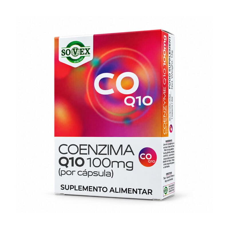 Coenzima Q10 100 mg Sovex, suplemento alimentar em embalagem de 30 cápsulas.