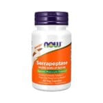 Frasco de Serrapeptase da marca NOW Foods, com 60 cápsulas vegetais, indicado para suporte imunológico, saúde respiratória e ação anti-inflamatória