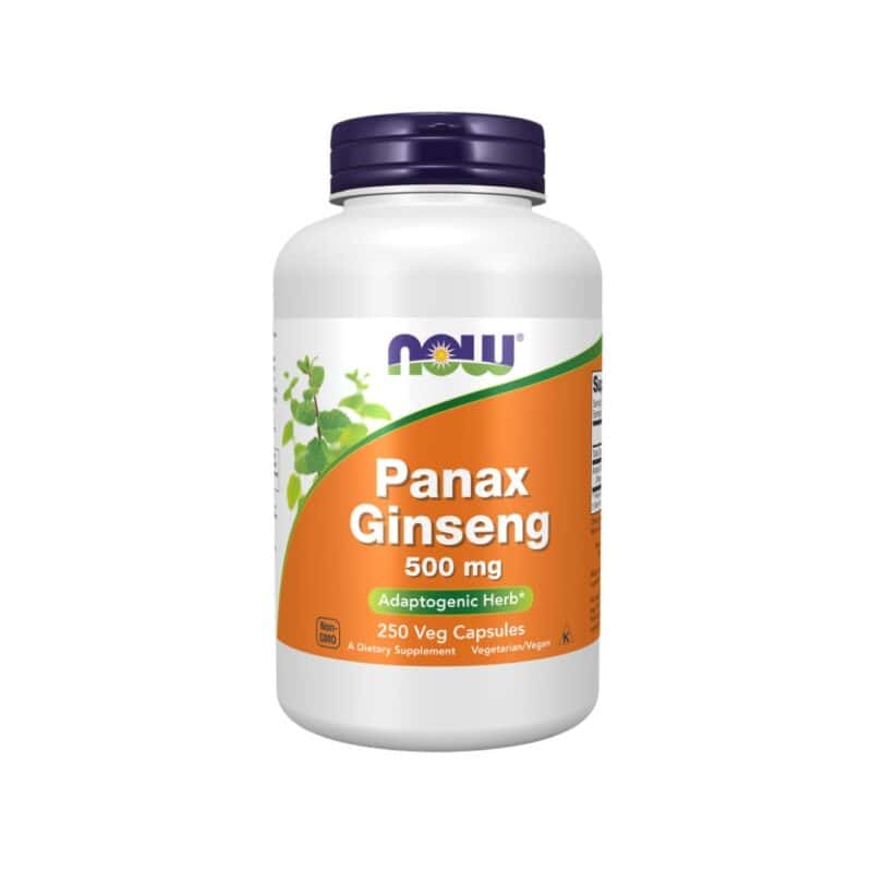 Panax Ginseng 500 mg Veg Capsules NOW Foods em frasco, suplemento alimentar em cápsulas vegetais.
