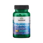 Frasco de suplemento Pregnenolona 50 mg 60 Cápsulas Swanson para saúde cerebral e do sistema nervoso. O frasco é verde escuro, com uma tampa preta e um rótulo em tons de azul e branco. O texto no rótulo destaca que o suplemento é destinado à saúde do cérebro e do sistema nervoso, com a indicação de Super Strength (alta potência). O frasco contém 60 cápsulas e o suplemento é descrito como sendo um apoio para a saúde cerebral.