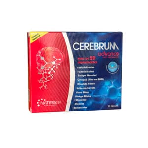 Frasco do suplemento Cerebrum Advance da Natiris com 30 cápsulas, desenvolvido para apoio à memória, concentração e desempenho cognitivo.