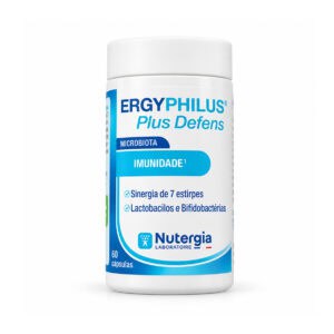 ErgyPhilus Plus Defens 60 cápsulas da Nutergia, suplemento com 7 estirpes vivas de lactobacilos e bifidobactérias e vitamina C para apoiar o normal funcionamento do sistema imunitário.