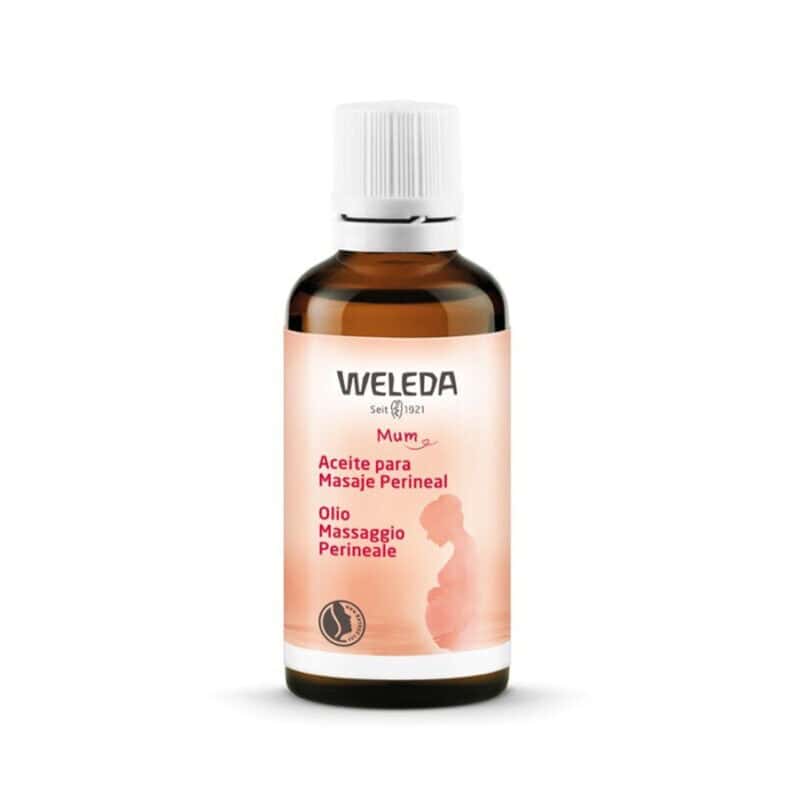Óleo de massagem pré-natal Weleda 50ml formulado para hidratar, suavizar e preparar a pele da barriga durante a gravidez.