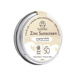 Frasco do Protetor Solar Zinco Rosto e Desporto FPS50 Branco 45g da Suntribe, fórmula 100% natural para proteção solar intensa.