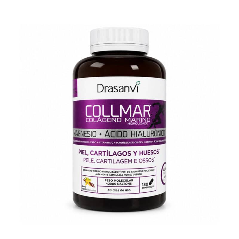 Collmar Sabor Baunilha 180 Comprimidos Mastigáveis Drasanvi, suplemento com colagénio marinho hidrolisado, magnésio, cálcio, vitamina C e ácido hialurónico.