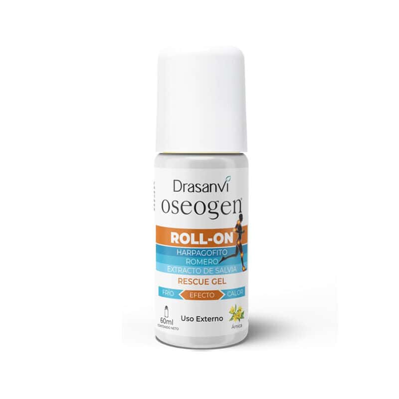 Oseogen Rescue Gel Roll-On Drasanvi, gel com árnica e extratos vegetais, em embalagem de 60 ml.
