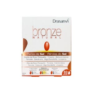 Frasco do suplemento Bronze Natural Drasanvi com 30 cápsulas, desenvolvido para preparar a pele para o bronzeado e manter a cor por mais tempo.