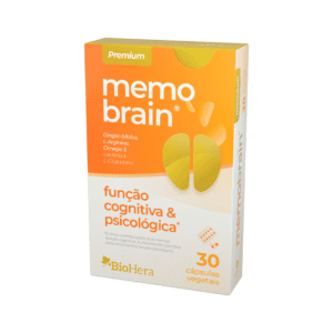 Suplemento MemoBrain da BioHera em frasco com 30 cápsulas, desenvolvido para apoiar a memória, concentração e desempenho mental.
