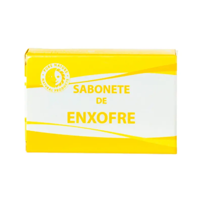 Caixa do Sabonete de Enxofre Pure Nature, destacando design em amarelo e branco com o texto central 'Sabonete de Enxofre' e o logótipo da marca Pure Nature.