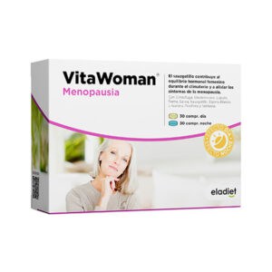 Frasco do Vita Woman Menopausa 30 + 30 Cápsulas da Eladiet, suplemento para equilíbrio hormonal e bem-estar feminino.