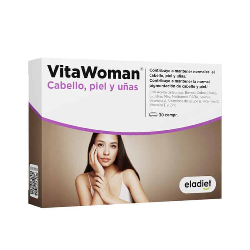 Suplemento alimentar Vita Woman Cabelo, Pele e Unhas Eladiet em embalagem com 30 comprimidos, formulado com vitaminas e minerais para fortalecer o cabelo, a pele e as unhas.