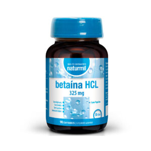 Frasco de Betaina HCL 325 mg 90 comprimidos Naturmil – Suplemento alimentar com pepsina para apoio à digestão, sem açúcar, amido, lactose e glúten.