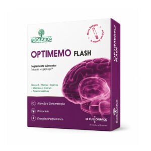 Optimemo Flash Funsion Pack 20 Ampolas + 20 Cápsulas Bioceutica, suplemento alimentar com DHA, ginseng siberiano, ginkgo biloba, rodiola e vitaminas do complexo B para memória e concentração.