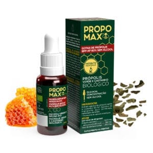 Frasco de Propomax Gotas de Própolis Verde 60% Sem Álcool 30ml Lehning, com design em tons de verde e branco, indicado para suporte ao sistema imunitário com própolis verde de alta concentração, sem álcool.